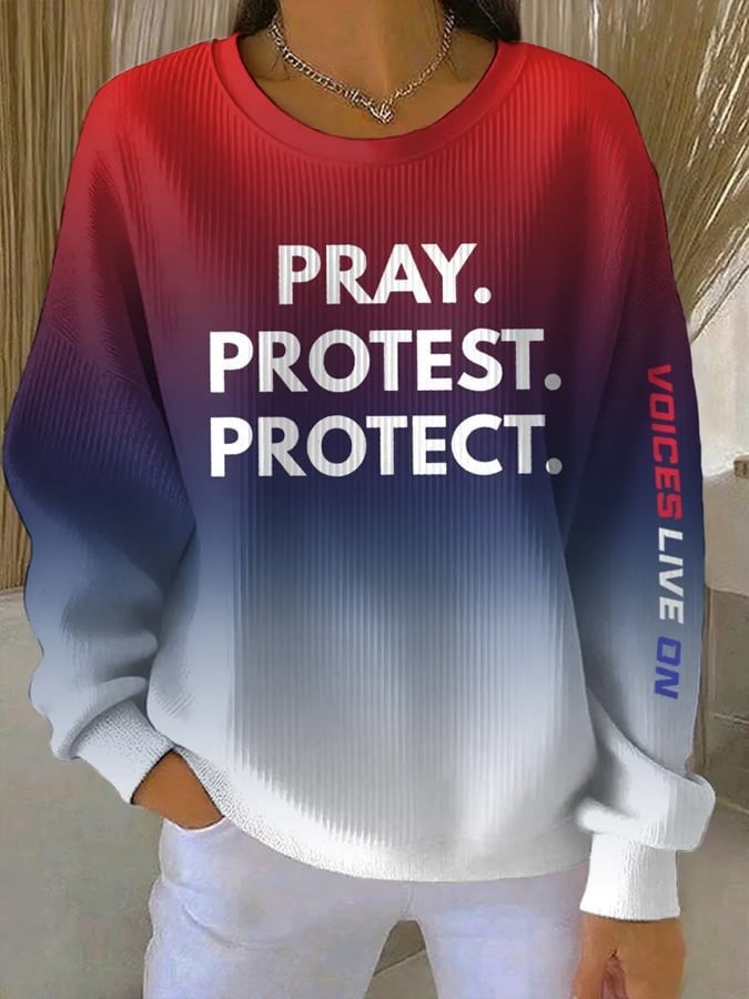 Charlie Kirk Sweatshirt Women's Pray Protest Protect Voices Live On RIP Charlie Kirk Merch
