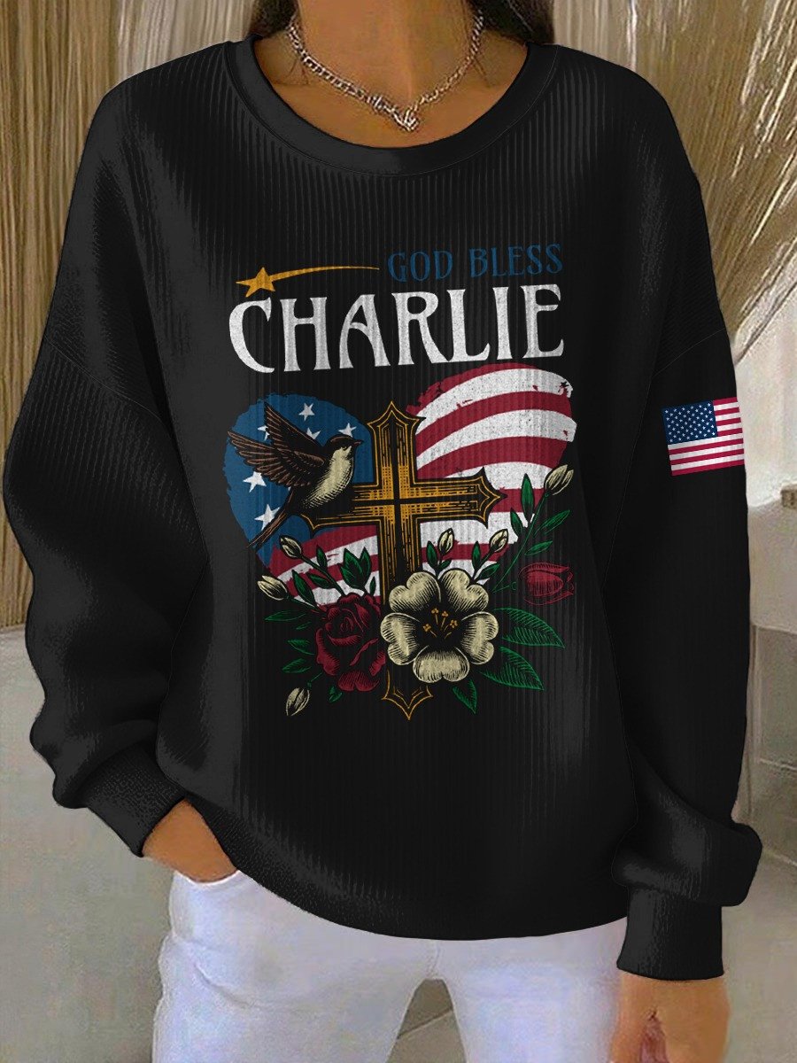 God Bless Charlie Sweatshirt Religious Cross Pigeon And USA Flag Graphic Christian Gifts