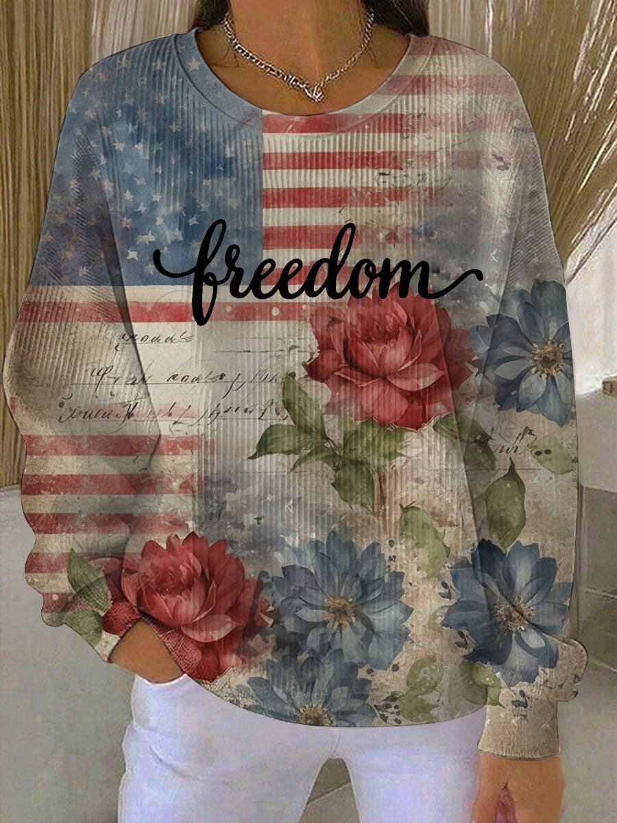 Freedom American Flag Floral Sweatshirt USA 4th Of July Memorial Day Outfit Gifts For Her