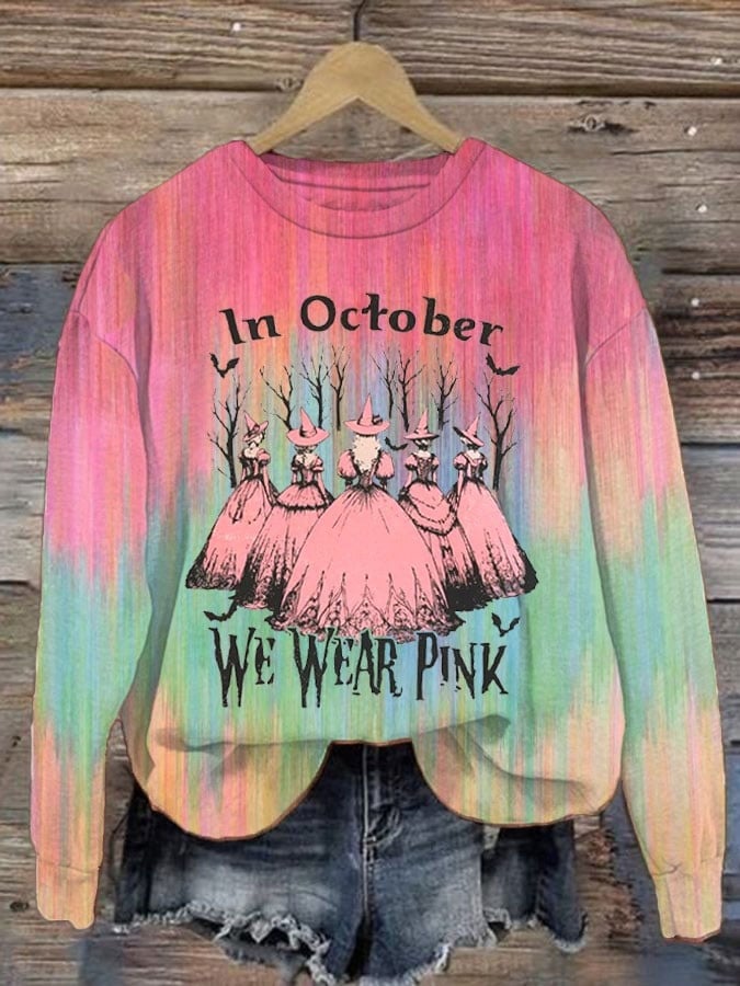 In October We Wear Pink Sweatshirt Witches Halloween Breast Cancer Awareness Outfit Gifts