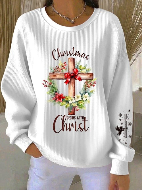 Christmas Begins With Christ Sweatshirt Cross Christian Clothing Xmas Presents For Women