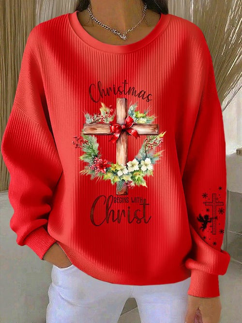 Christmas Begins With Christ Sweatshirt Cross Christian Clothing Xmas Presents For Women