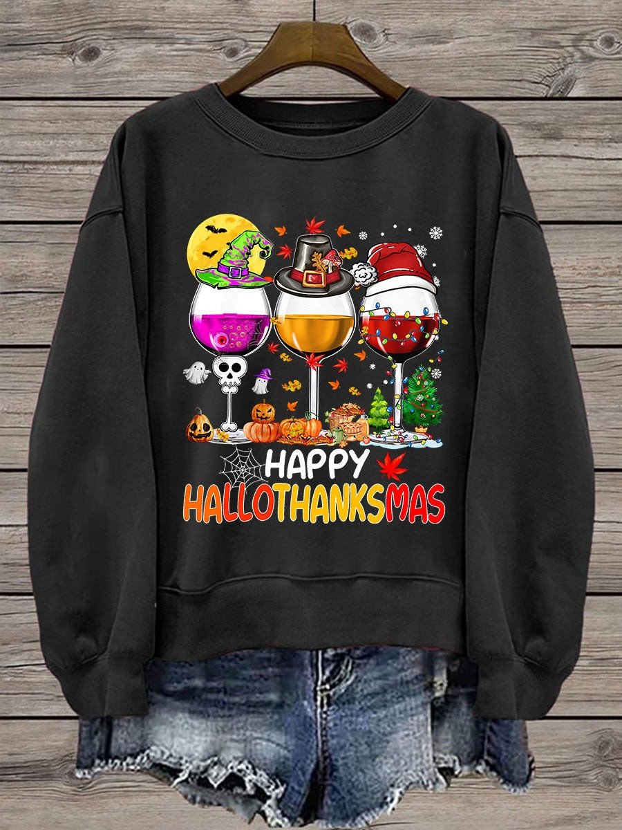 Bat Happy HalloThanksMas Sweatshirt Pumpkin Wine Glass Funny Halloween Christmas Gifts