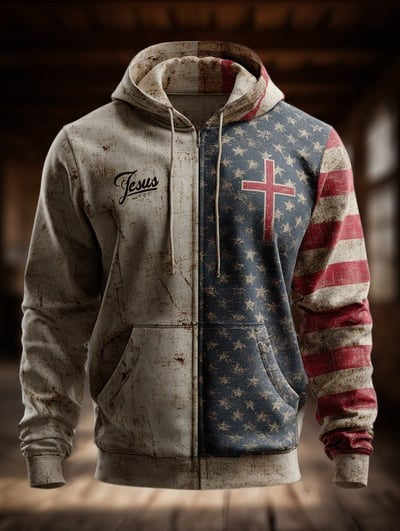 Vintage Casual Faith American Flag Zip Hoodie Patriotic Christian USA Apparel Pullover Sweatshirt for Men and Women
