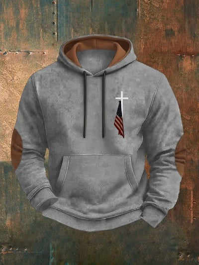 Faith Cross Printed Casual Hoodie USA Patriotic Christian Apparel Pullover Sweatshirt Gift for Men and Women