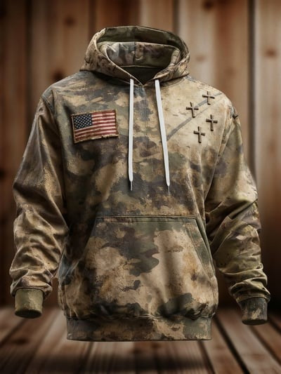 Vintage Faith American Flag Camo Hoodie Patriotic USA Christian Religious Pullover Sweatshirt Gift