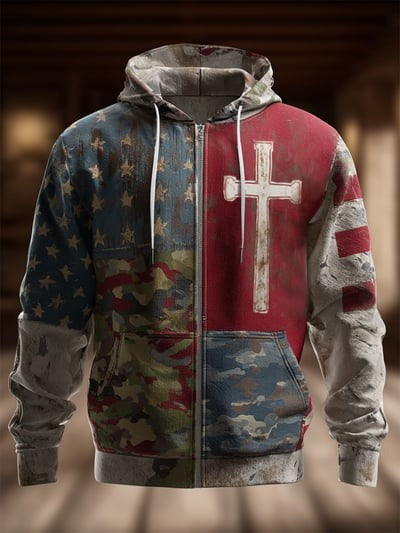 Vintage Casual Faith American Flag Zip Hoodie Patriotic Freedom USA Christian Sweatshirt Pullover Gift for Men and Women