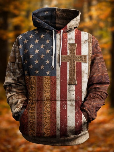 Vintage Faith Camo Hoodie with American Flag Patriotic Christian USA Pullover Sweatshirt Gift for Men