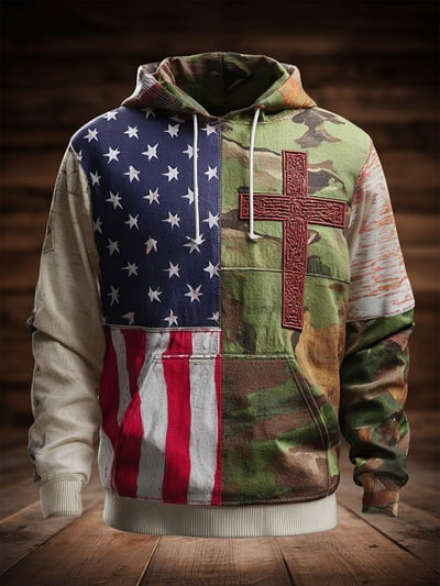 USA Vintage Faith American Flag Camo Hoodie Patriotic Christian Freedom Pullover Sweatshirt Gift