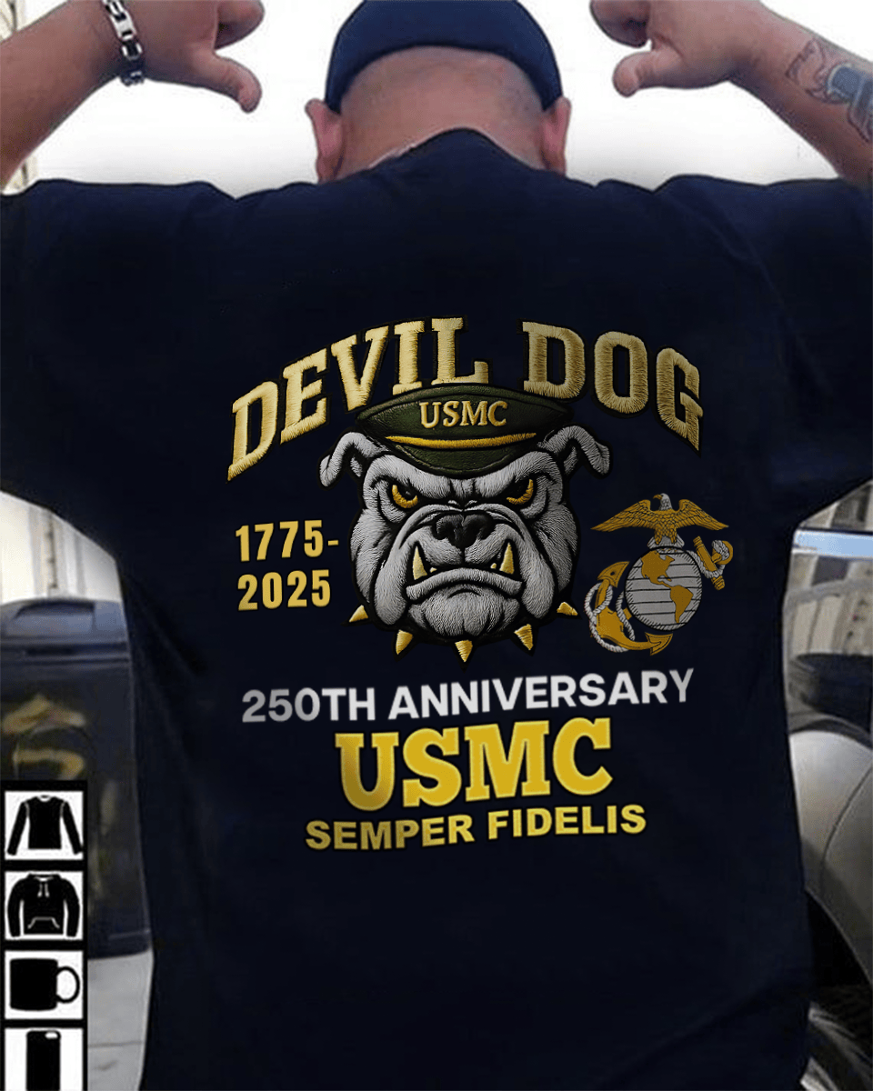 250th Anniversary US Marine Corps Devil Dog Printed T-Shirt Gifts For Marines - Liberish