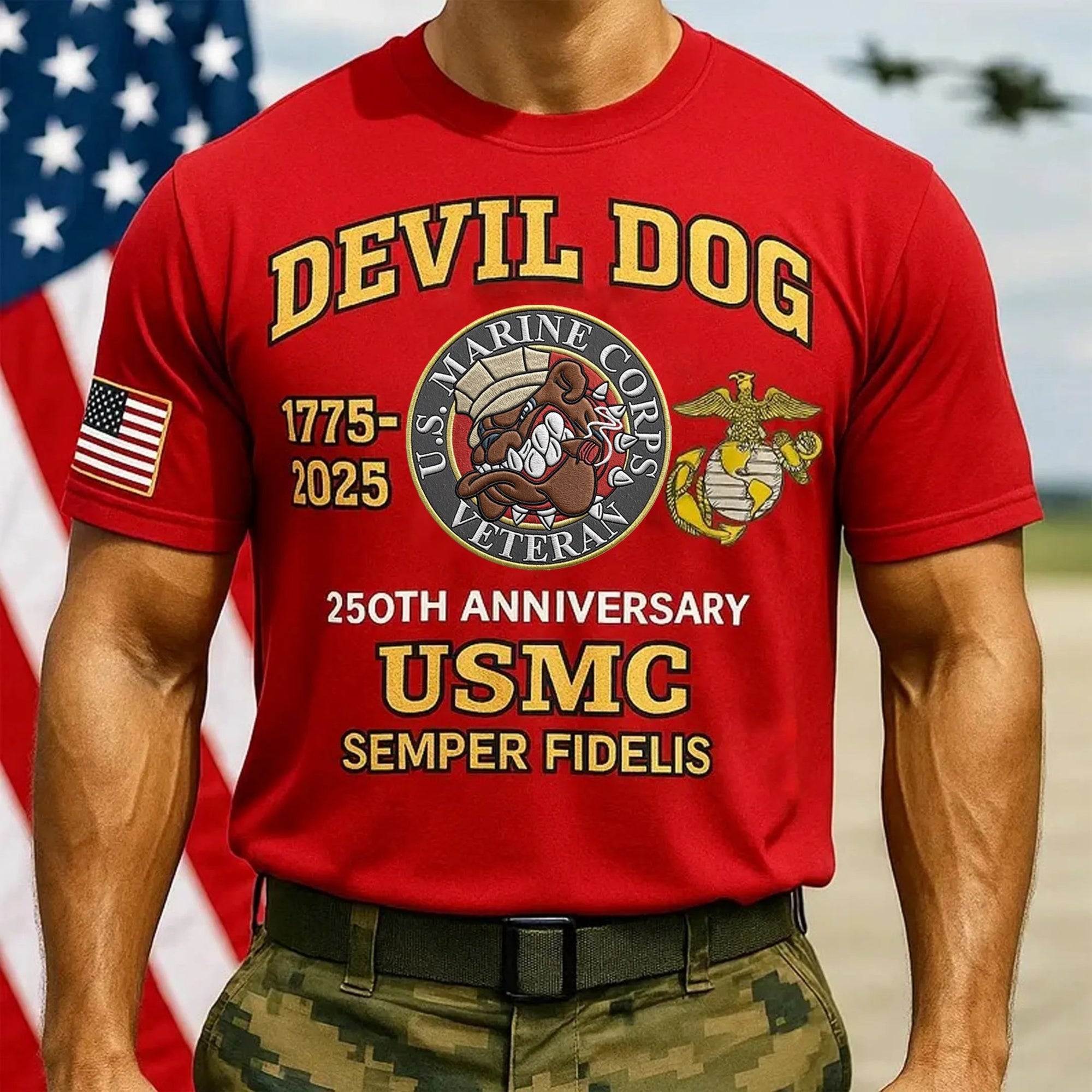 250th Birthday Marine Veteran Bull Dog Flag Retro T-Shirt USMC Shirt Him Gifts - Liberish