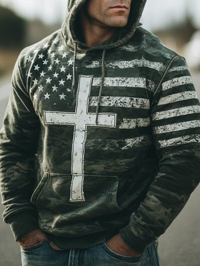 Vintage Faith Patriot American Flag Camo Hoodie Christian USA Patriotic Apparel Pullover Sweatshirt Gift Clothing