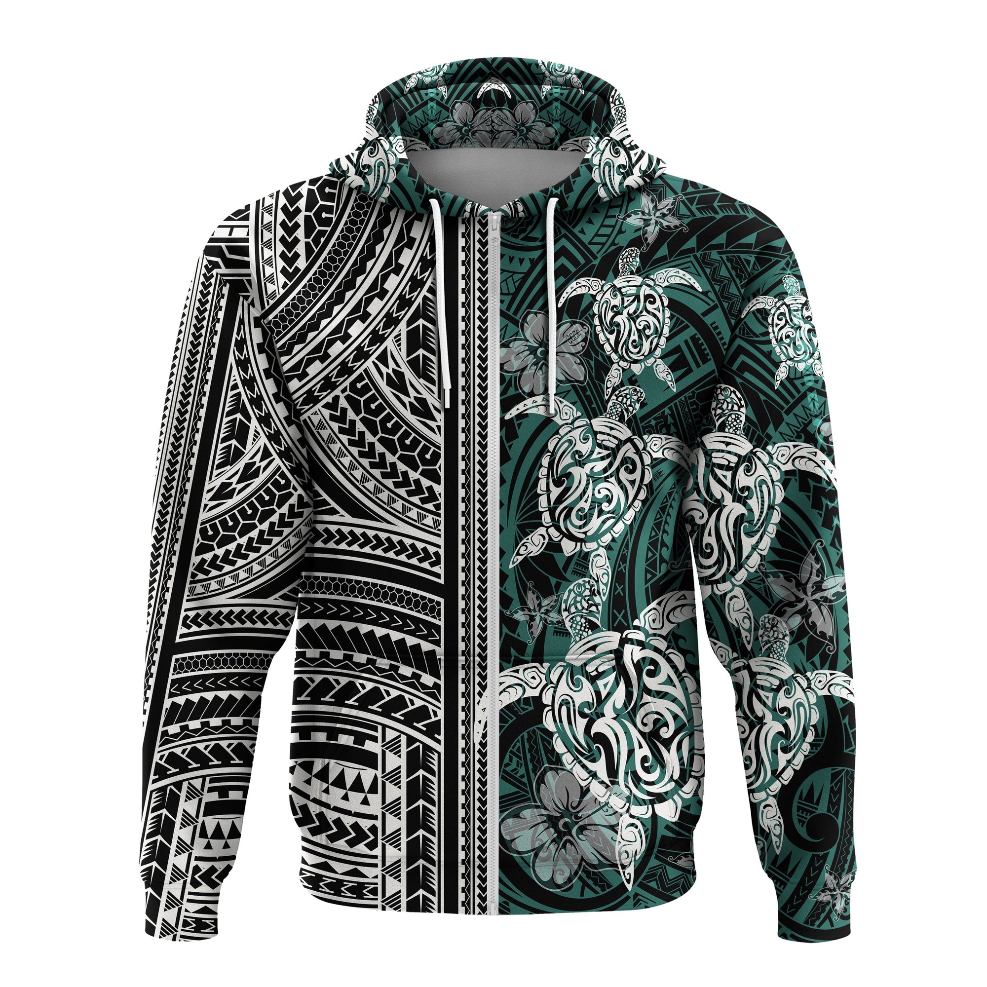 Polynesian Zip Up Hoodie Turtle With Ethnic Motives and Floral Elements LT20