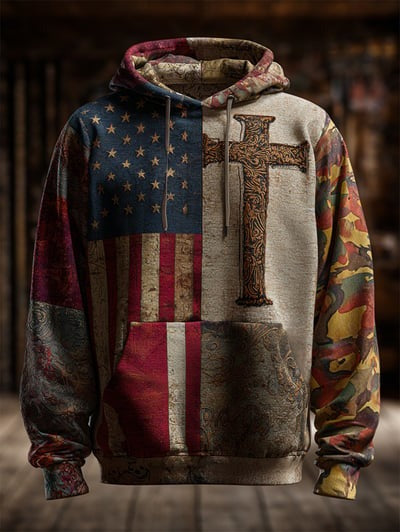 Vintage Faith American Flag Camo Hoodie Christian Patriotic USA Pullover Sweatshirt Gift for Men