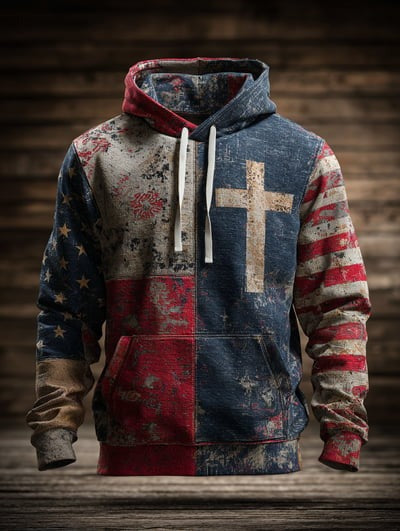 Vintage Faith American Flag Camo Hoodie Christian USA Patriotic Freedom Pullover Sweatshirt Gift