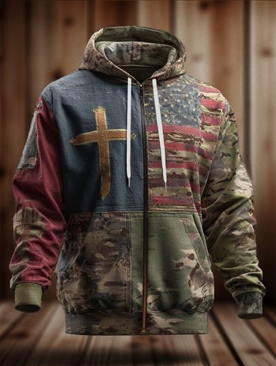 Vintage Casual Faith American Flag Zip Hoodie Patriotic USA Christian Pullover Sweatshirt for Men Women Gift