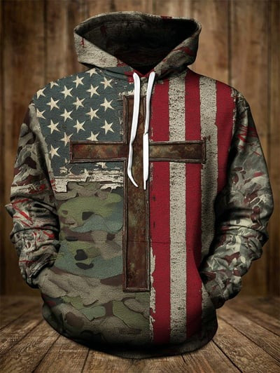 Christian Patriotic Vintage Faith American Flag Camo Hoodie USA Flag Pullover Sweatshirt for Men Women