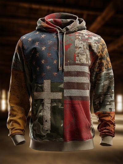 Vintage Faith American Flag Camo Hoodie Patriotic Christian USA Freedom Apparel Pullover Sweatshirt
