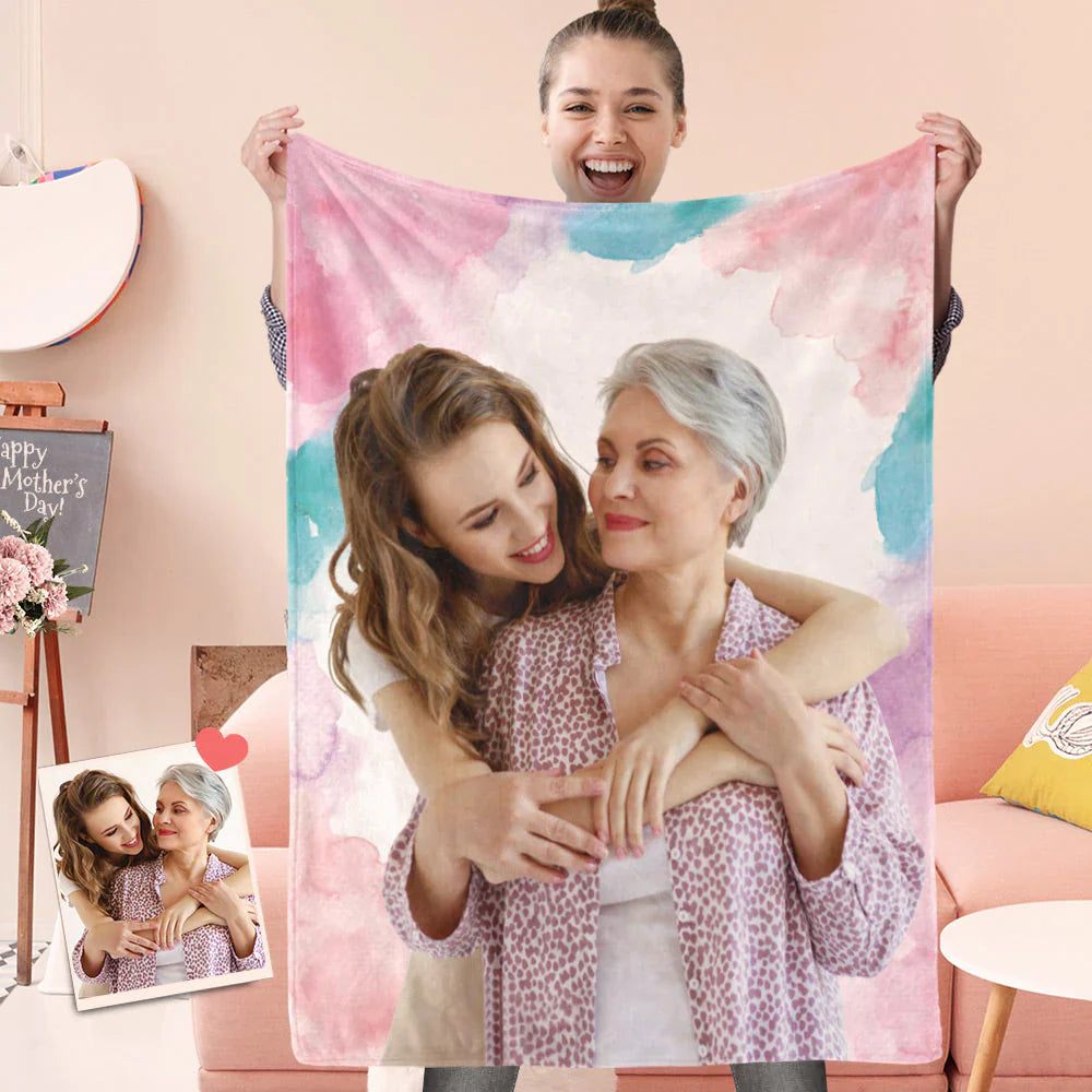 Custom Photo Watercolor Portrait Blanket - Gift For Mom Personalized Blanket - Custom Gift For Mother's Day Blanket, Presents For Mom