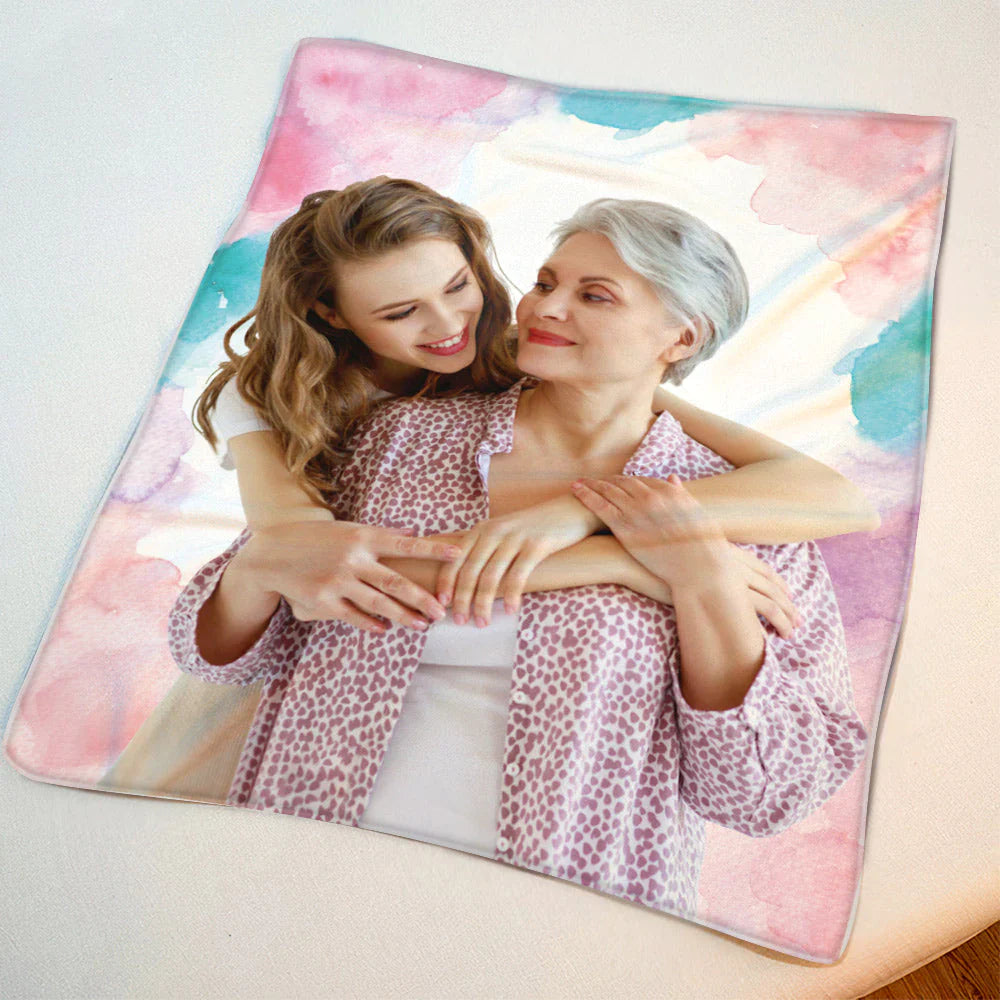 Custom Photo Watercolor Portrait Blanket - Gift For Mom Personalized Blanket - Custom Gift For Mother's Day Blanket, Presents For Mom