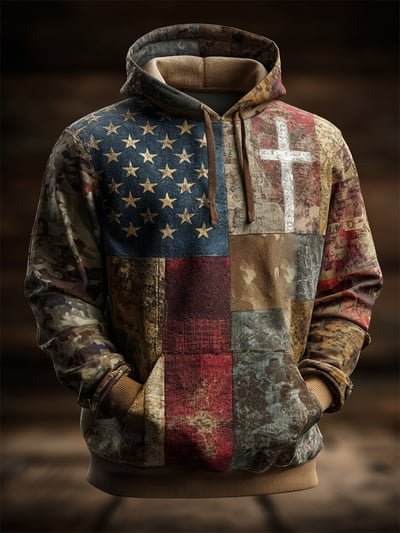 Vintage Faith American Flag Camo Hoodie USA Patriotic Christian Religious Apparel Sweatshirt Gift