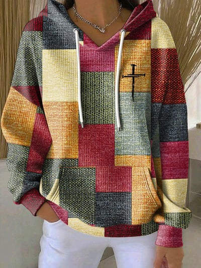 Casual Retro Contrast Color Block Faith Hoodie USA Patriotic Christian Pullover Sweatshirt Gift Clothing