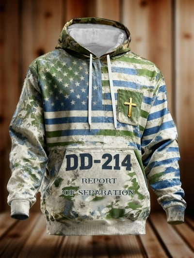 DD-214 Veteran's Faith Print Hoodie USA Patriotic Christian Apparel Pullover Sweatshirt Gift for Veterans Men Women