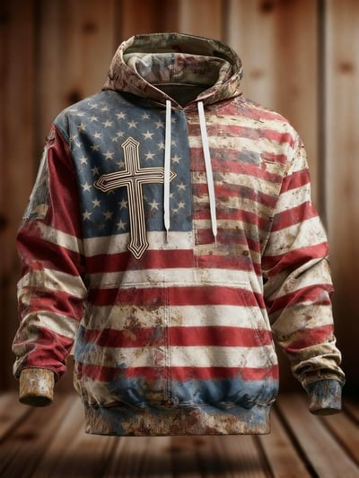 Vintage Faith American Flag Camo Hoodie Christian USA Patriotic Freedom Pullover Sweatshirt Gift