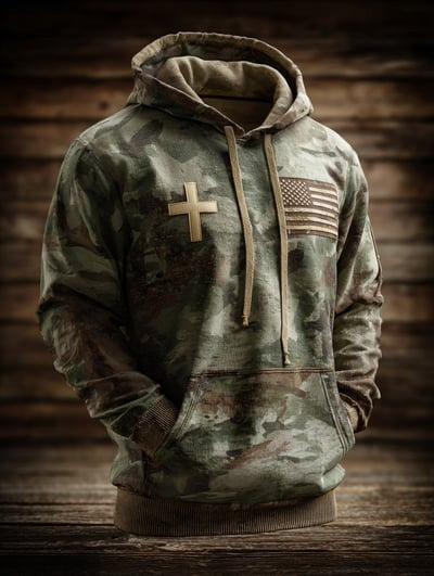 Vintage Faith American Flag Camo Hoodie USA Christian Patriotic Apparel Pullover Sweatshirt Freedom