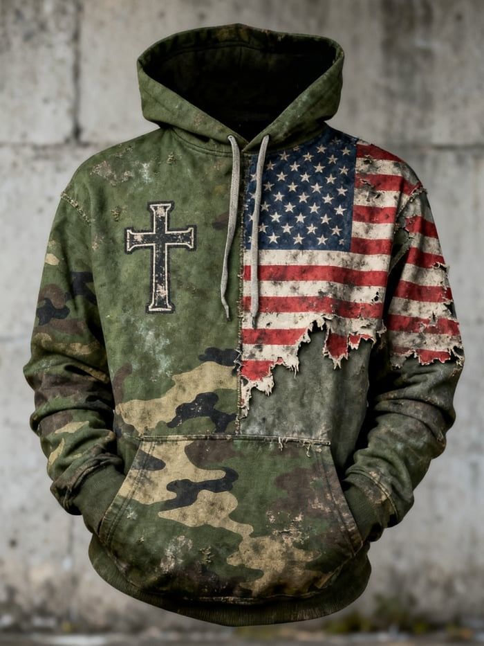 Vintage Faith Patriot American Flag Camo Hoodie USA Christian Patriotic Pullover Sweatshirt Gift for Men and Women