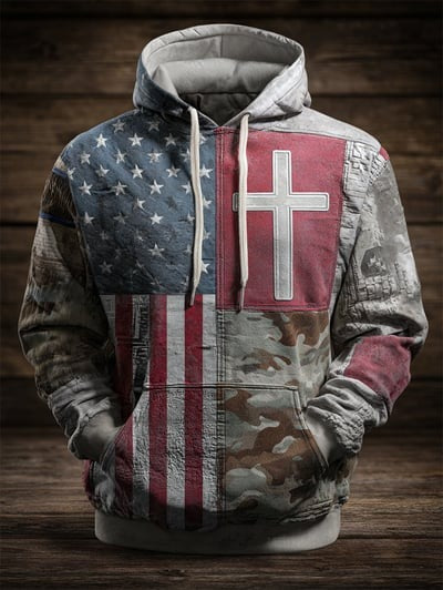 Patriotic Faith Vintage American Flag Camo Hoodie USA Christian Religious Pullover Sweatshirt Gift