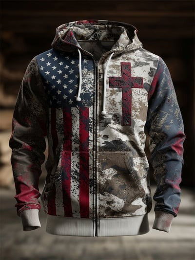 Vintage Casual Faith American Flag Zip Hoodie Christian USA Patriotic Religious Pullover Sweatshirt Freedom Gift