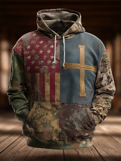 Vintage Faith American Flag Camo Hoodie Freedom Patriotic USA Clothing Pullover Sweatshirt for Men and Women
