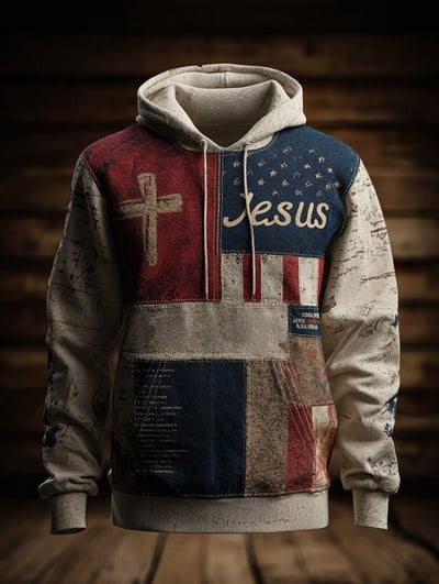 Faith Inspired American Flag Vintage Camo Hoodie Patriotic USA Christian Pullover Sweatshirt Gift