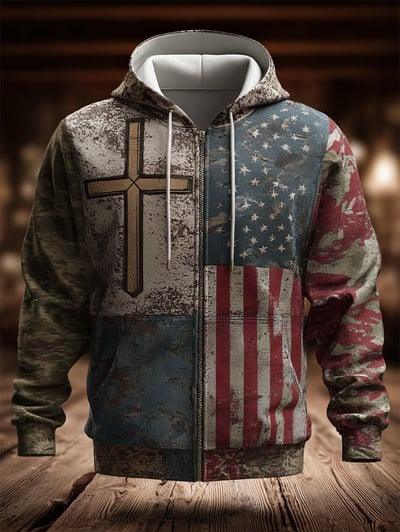 Vintage Casual Faith American Flag Zip Hoodie Christian USA Patriotic Flag Pullover Sweatshirt Gift Apparel for Men Women
