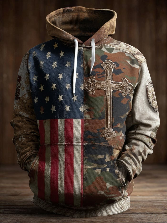 American Flag Camo Hoodie Vintage Faith Patriotic Christian USA Sweatshirt for Men and Women Freedom Gift