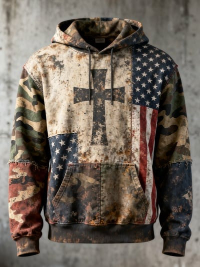 Vintage Faith Patriot American Flag Camo Hoodie USA Patriotic Christian Pullover Gift Sweatshirt for Men Women