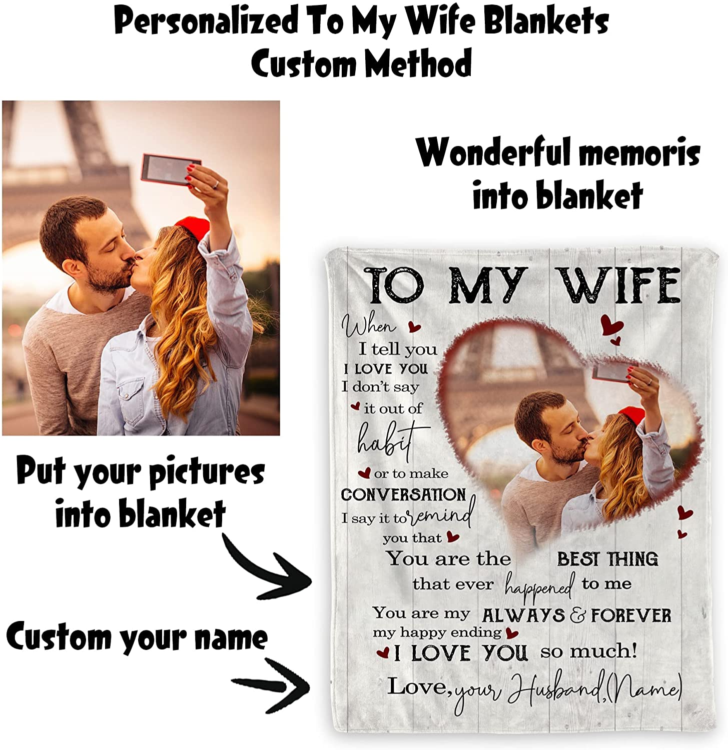 Valentine's Day Gift For Wife, To My Wife Gift Blanket From Husband, Personalized Blanket Gift For Her, Custom Picture Blanket With Name Change