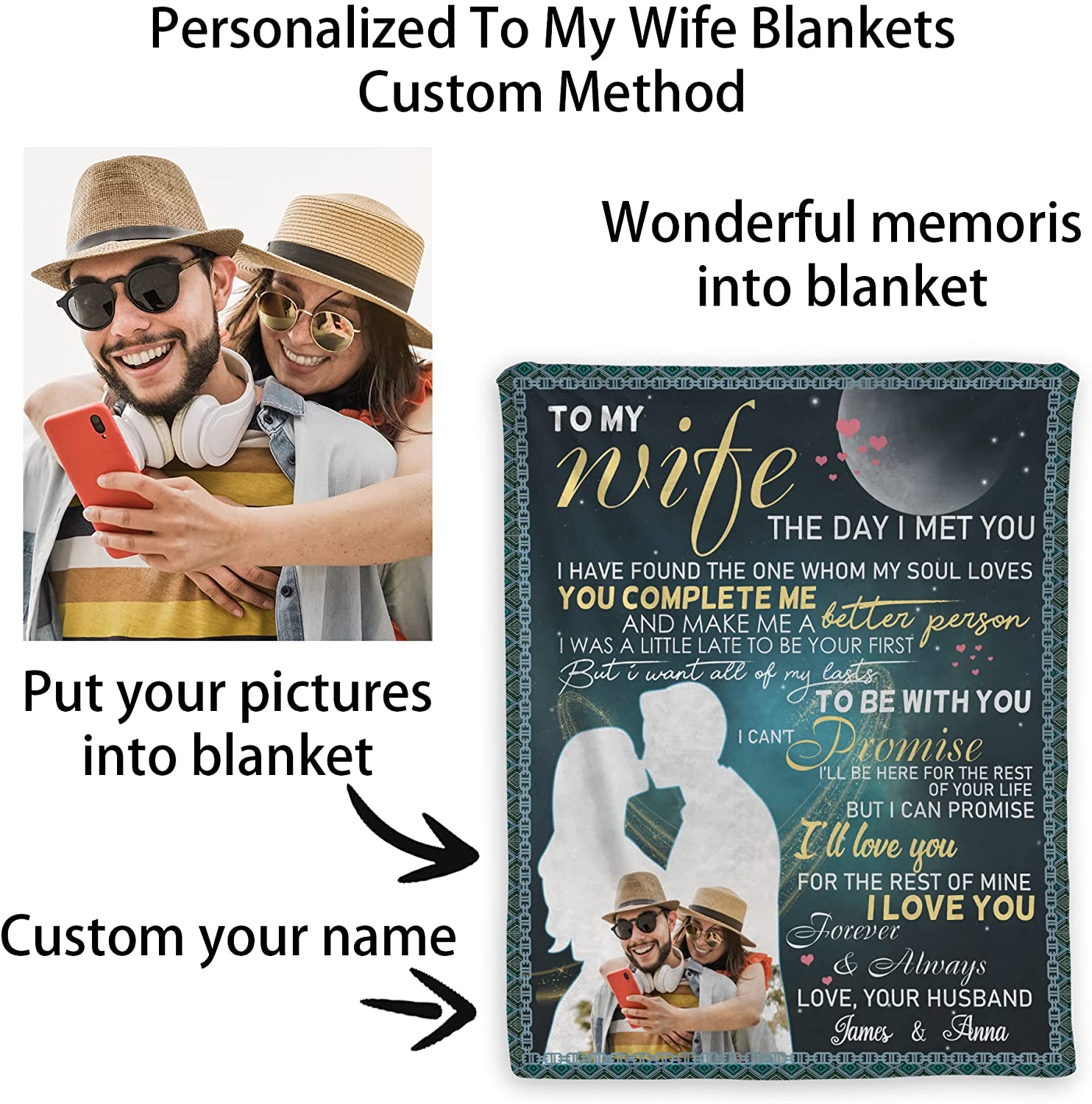 Valentine's Day Gift For Wife, To My Wife Throw Blanket From Husband, Customized Name And Photo Throw Blanket, Throw Blanket Gift For Anniversary
