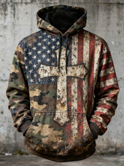 Vintage Faith Patriot American Flag Camo Hoodie USA Christian Patriotic Pullover Sweatshirt for Men Women Freedom Gift