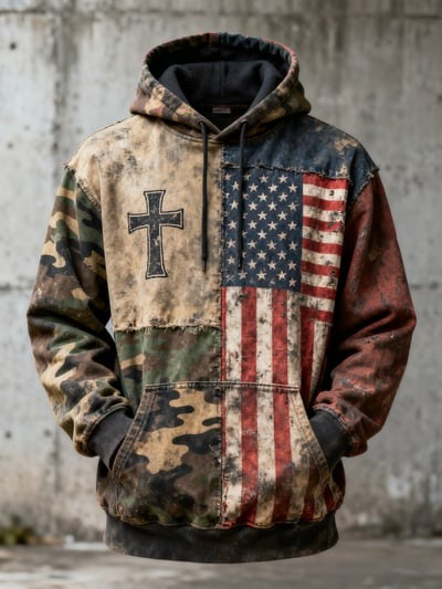 Vintage Faith Patriot American Flag Camo Hoodie Freedom USA Christian Patriotic Pullover Sweatshirt for Men Women