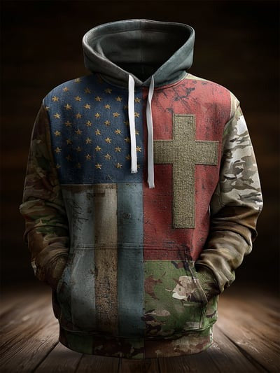 Vintage Faith American Flag Camo Hoodie USA Christian Patriotic Religious Sweatshirt Pullover Gift
