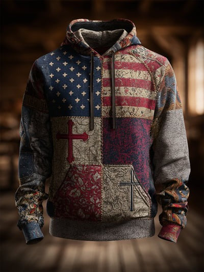 Vintage Faith Freedom American Flag Camo Hoodie Patriotic Christian USA Pullover Sweatshirt