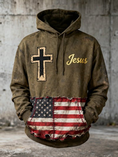 Vintage Faith American Flag Hoodie USA Patriotic Christian Pullover Sweatshirt Religious Gift for Men Women