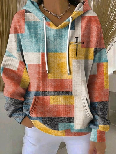 Casual Retro Contrast Color Block Faith Hoodie Christian Pullover Sweatshirt for Men and Women Gift
