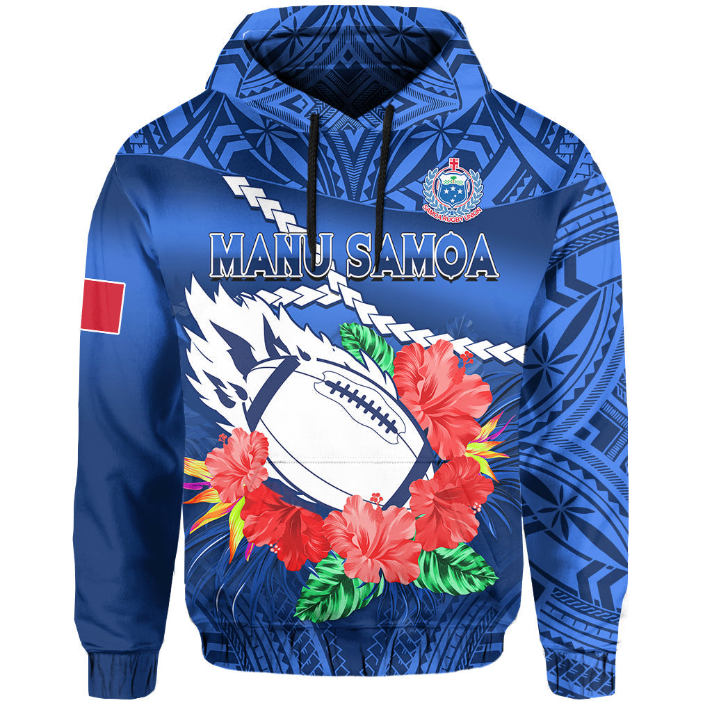 Samoa Rugby Hoodie Manu Samoa Polynesian Hibiscus Blue Style LT14