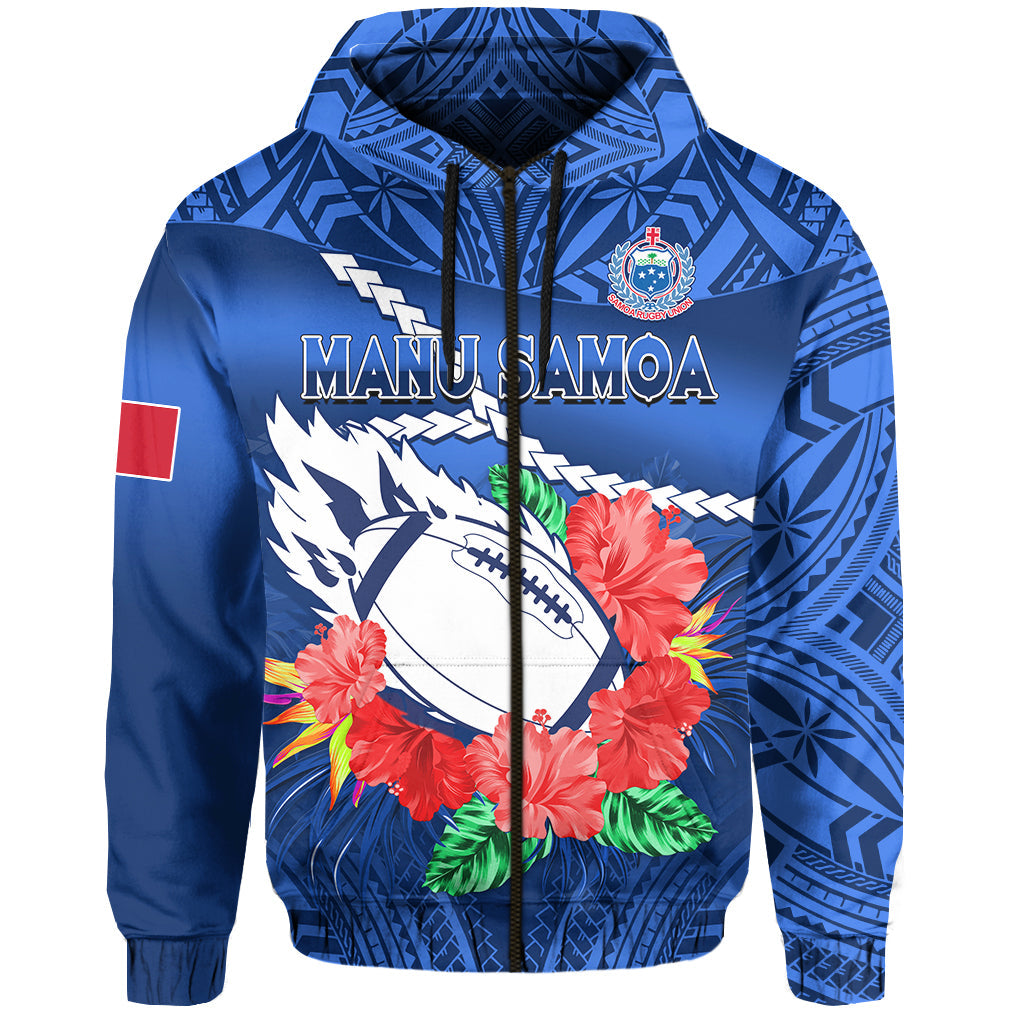 Samoa Rugby Hoodie Manu Samoa Polynesian Hibiscus Blue Style LT14