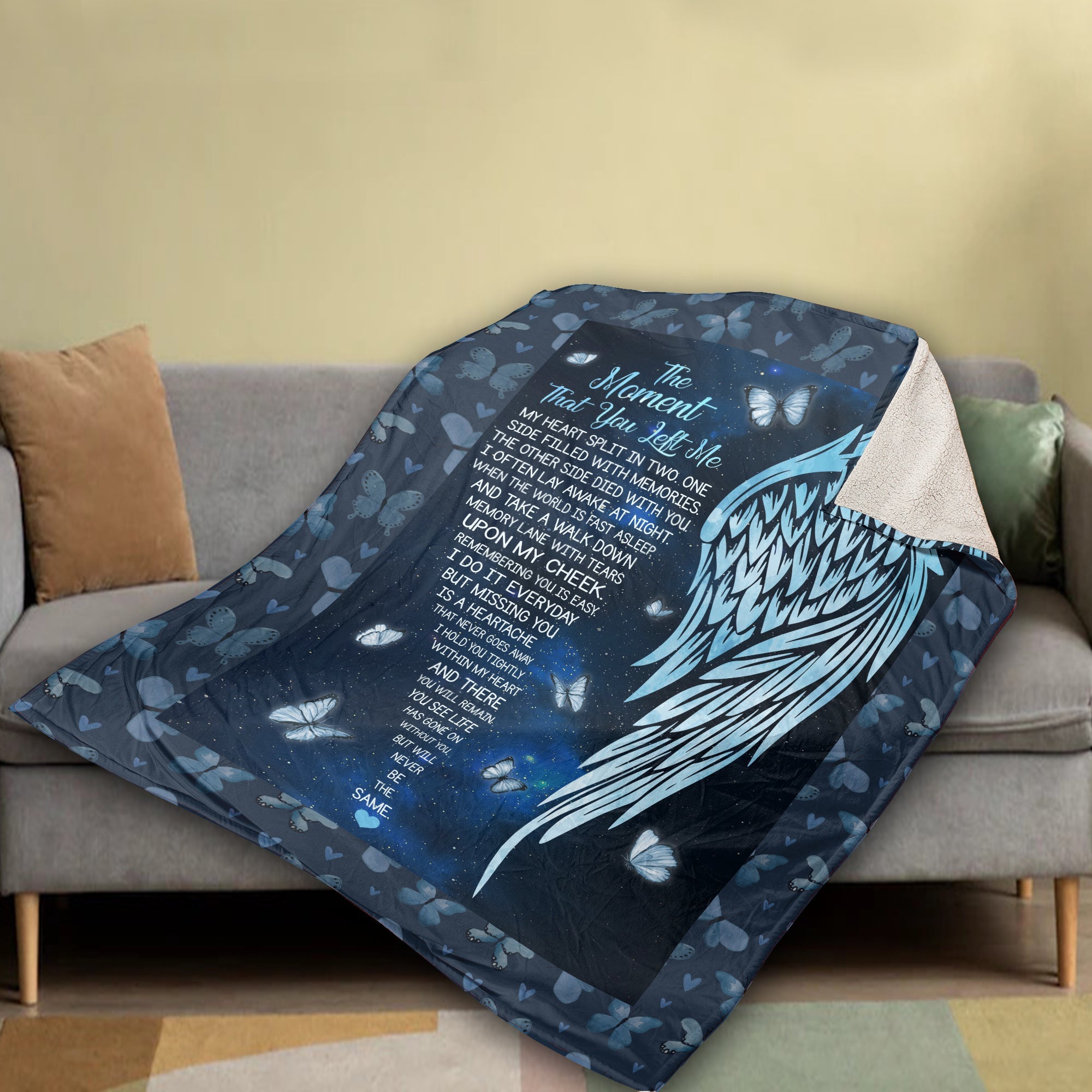 Memorial Blanket, Heaven Blanket, Angel Wings Blanket, Sympathy Gift, Remembrance Gift - Blue Butterfly, The Moment That You Left Me