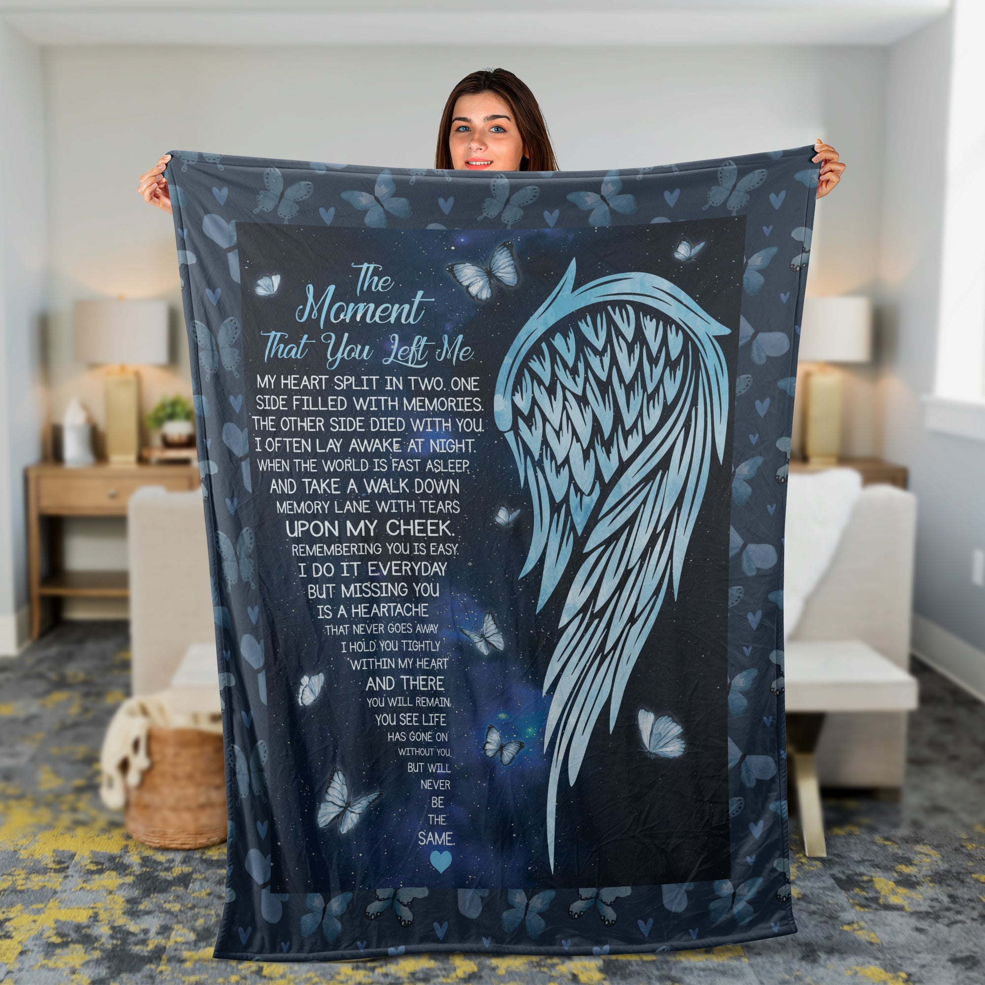 Memorial Blanket, Heaven Blanket, Angel Wings Blanket, Sympathy Gift, Remembrance Gift - Blue Butterfly, The Moment That You Left Me
