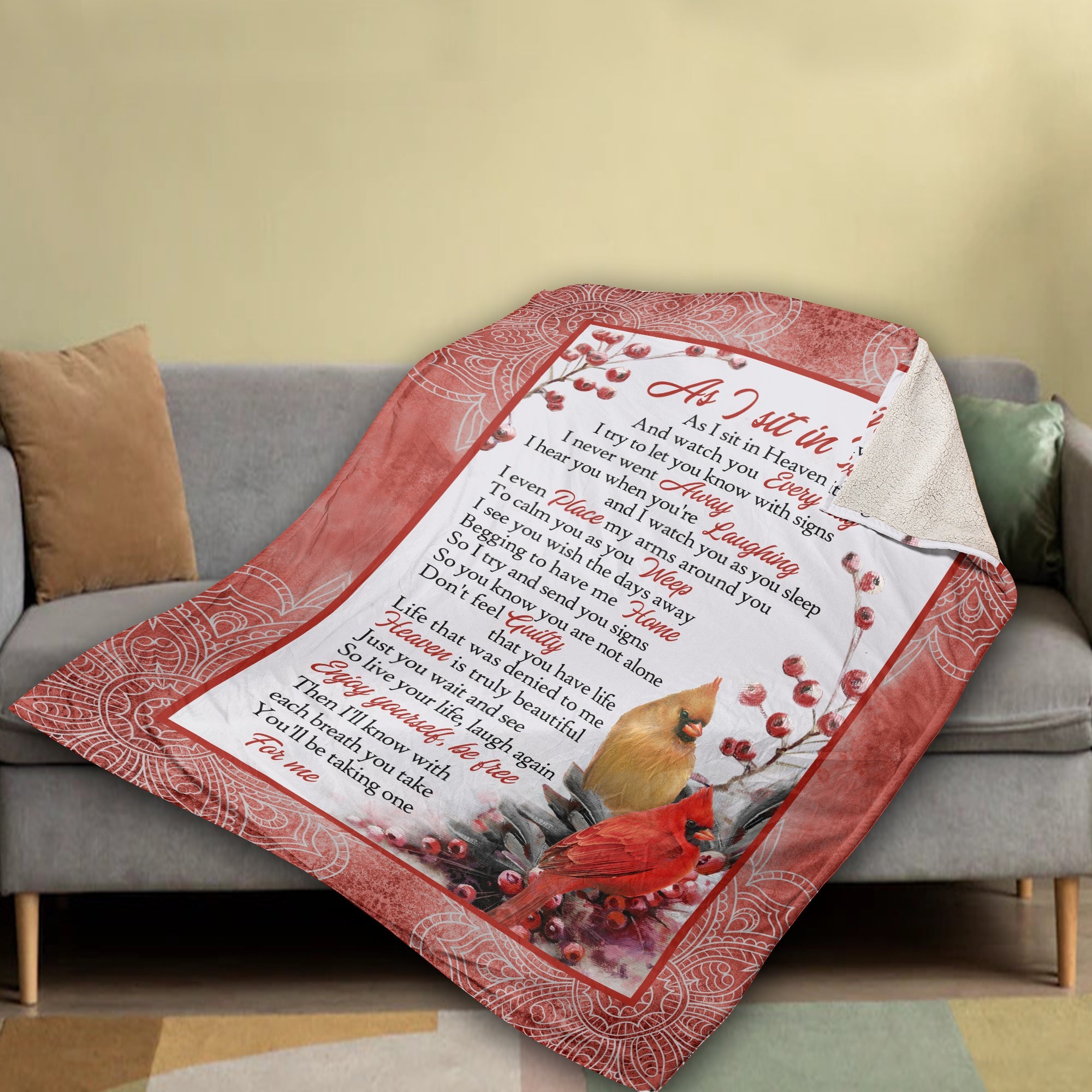 Memorial Blanket, Heaven Blanket, Cardinal Couple Blanket, Sympathy Gift, Remembrance Gift - Cranberry, Love Message, As I Sit In Heaven